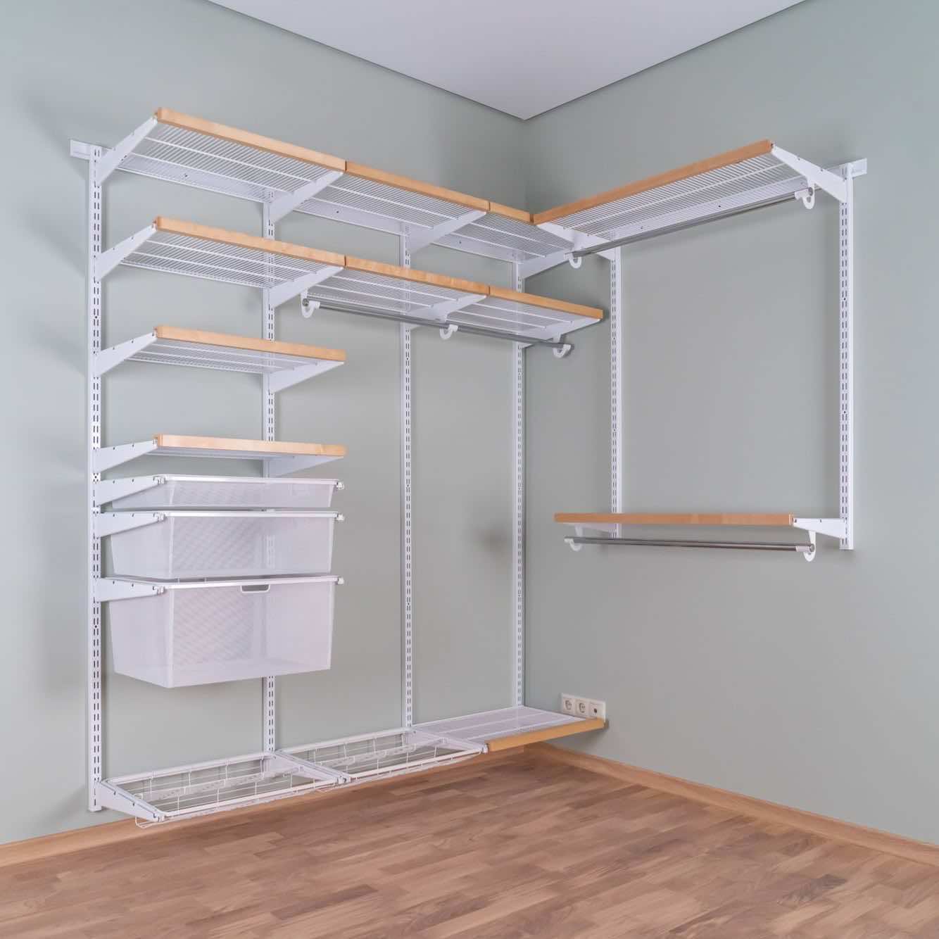 Гардеробная система №21 белая, угловая, из окрашенной стали 140×186×200 — готовое решение для прихожей