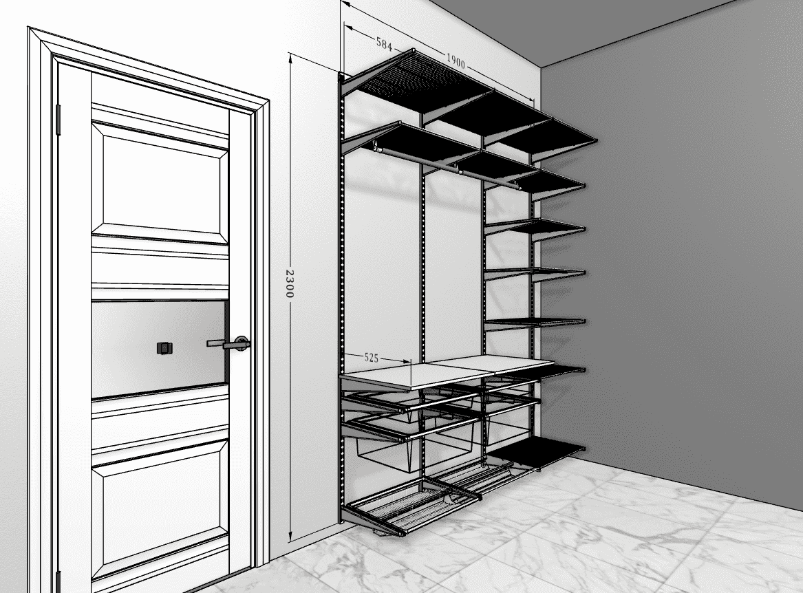 Прихожая в современном стиле со светлым деревом и сетчатыми элементами — встроенная система хранения для прихожей и гостиной