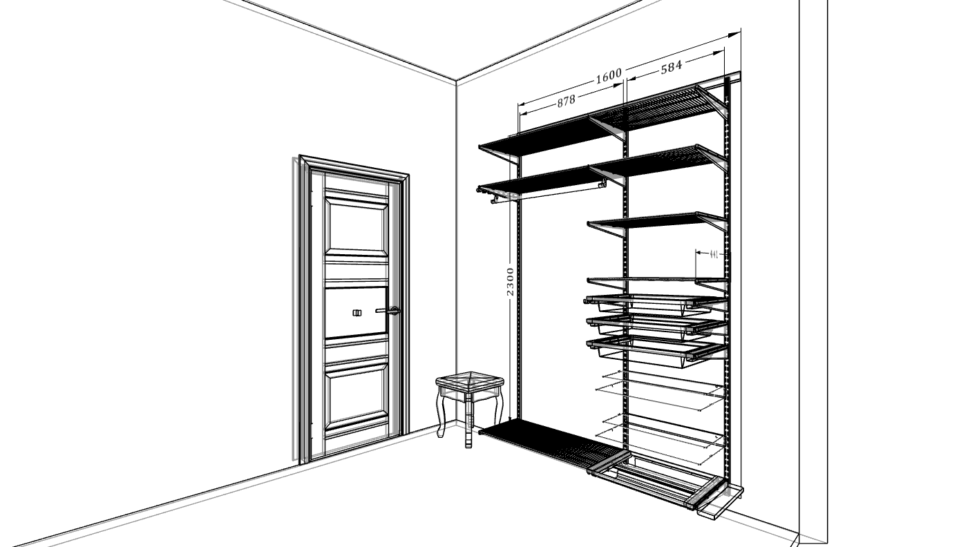 Гардеробная ARISTO 160×45×240 — стильная система хранения с выдвижными корзинами