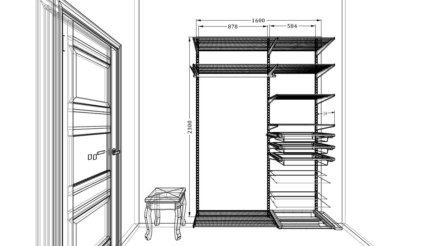 Гардеробная ARISTO 160×45×240 — стильная система хранения с выдвижными корзинами