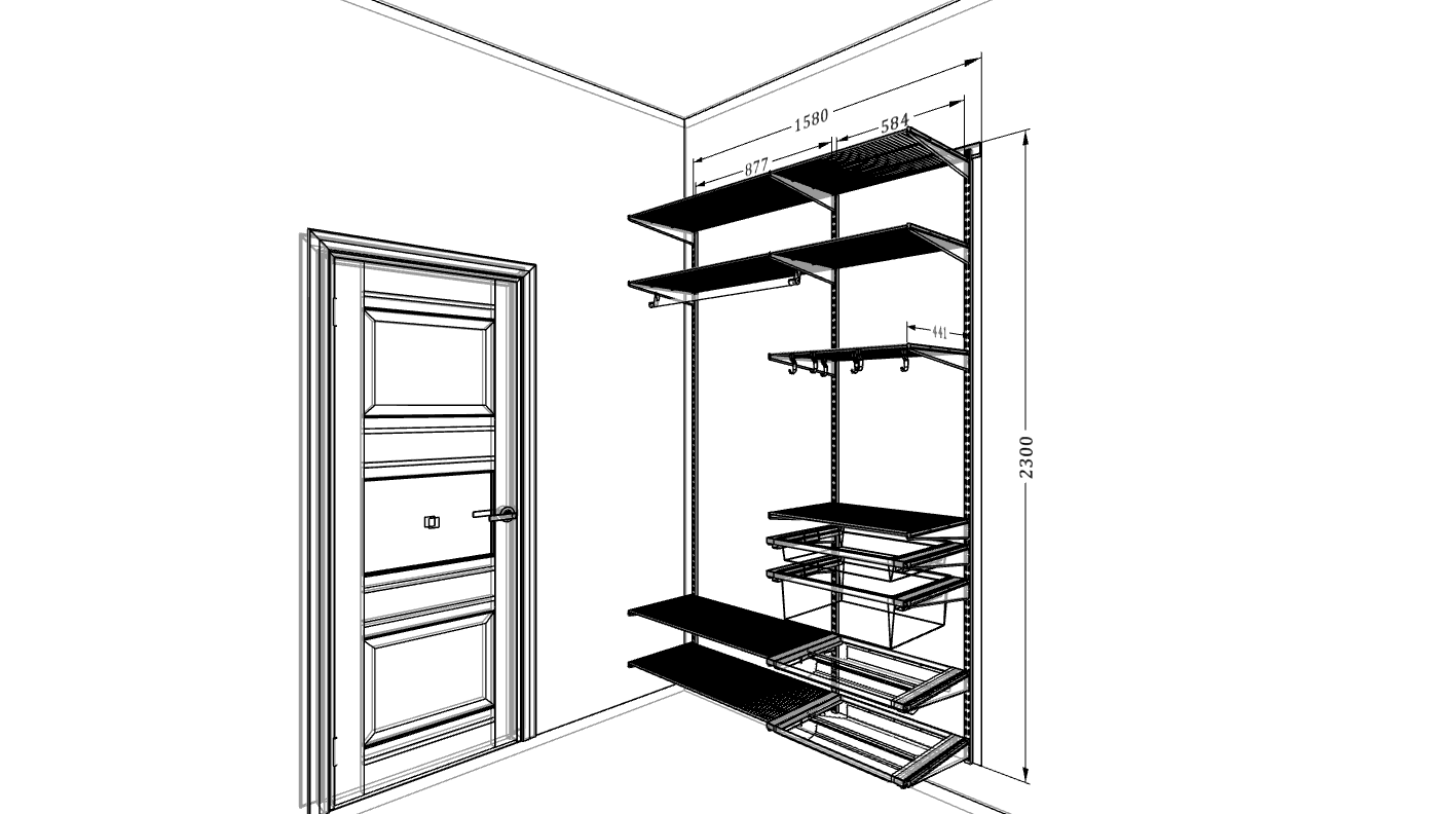 Система хранения ARISTO 158×45×240 для гостиной — лёгкая конструкция с корзинами