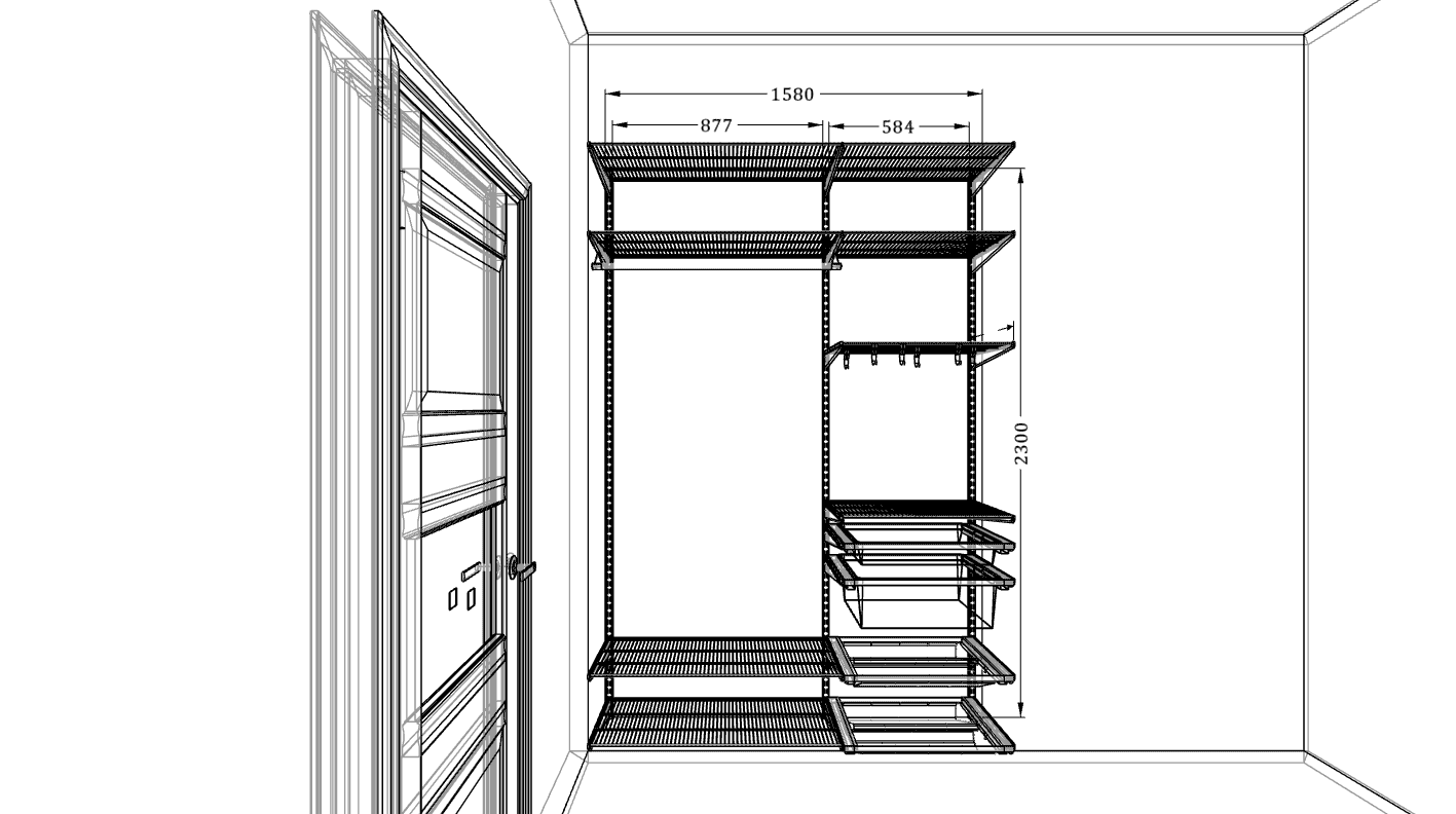 Система хранения ARISTO 158×45×240 для гостиной — лёгкая конструкция с корзинами