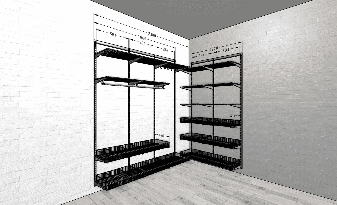 Угловая гардеробная ARISTO 230×130×230 — металлическая система с регулируемыми полками