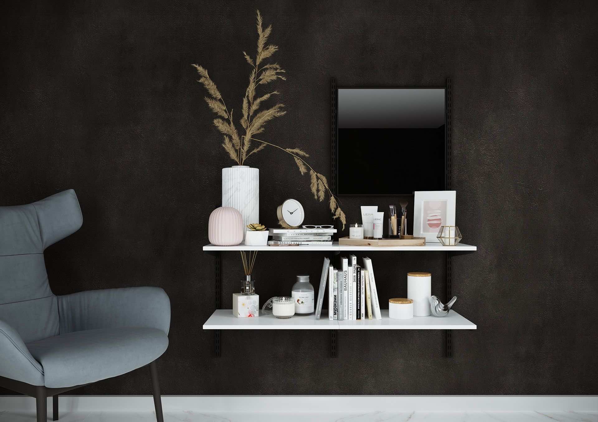 Открытые полки с зеркалом — лёгкое решение для хранения и визуального расширения пространства