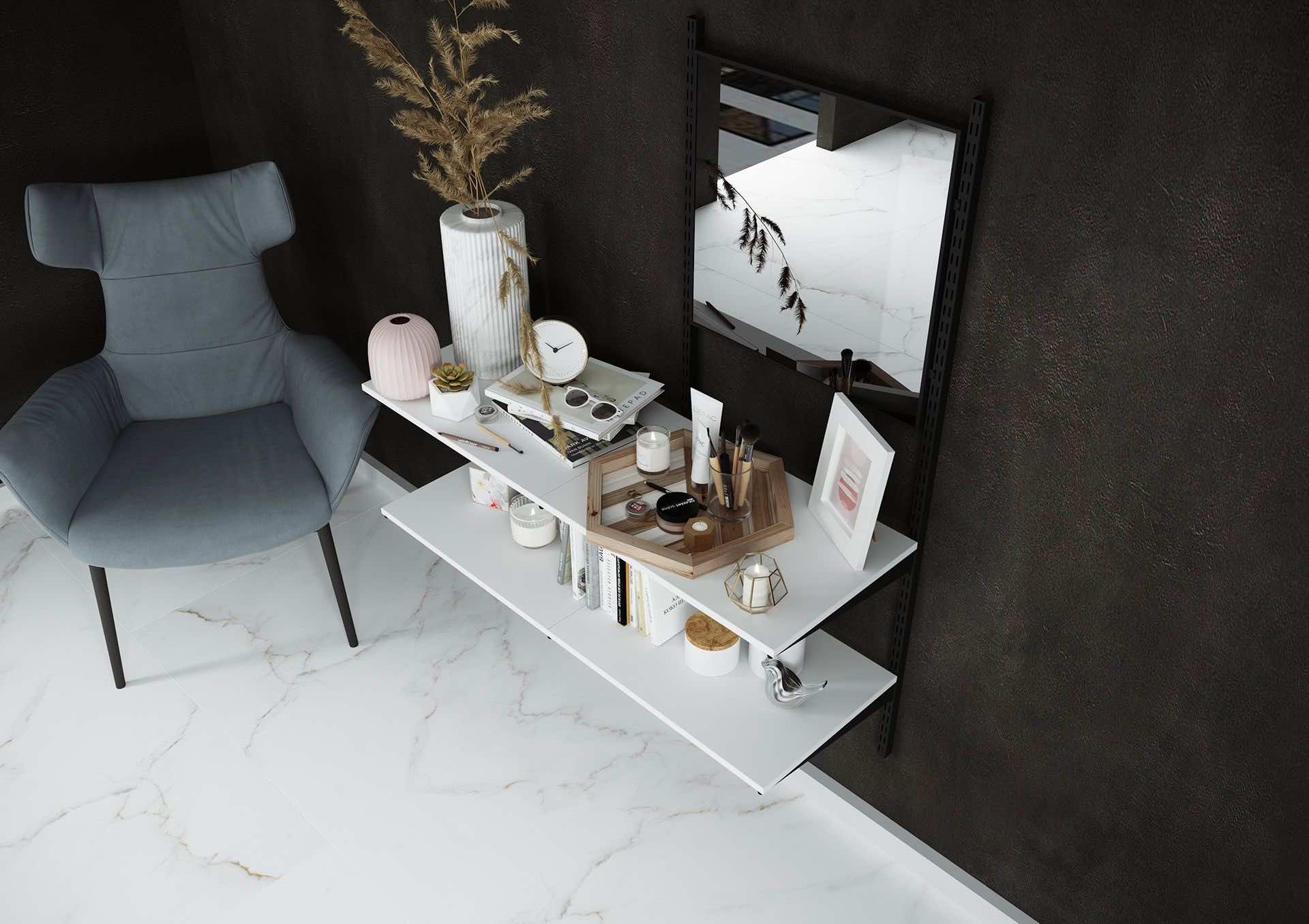 Открытые полки с зеркалом — лёгкое решение для хранения и визуального расширения пространства