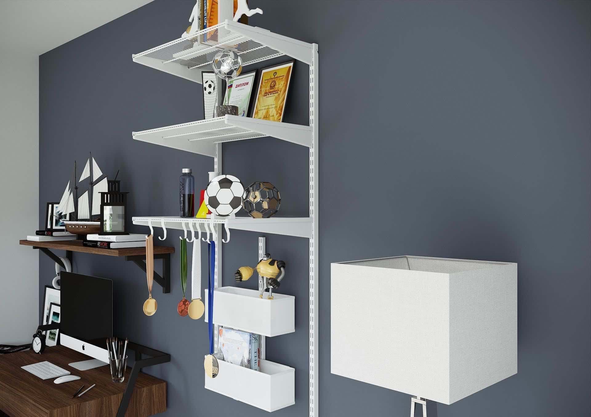 Настенные полки для подростка — металлическая конструкция с корзиной и крючками