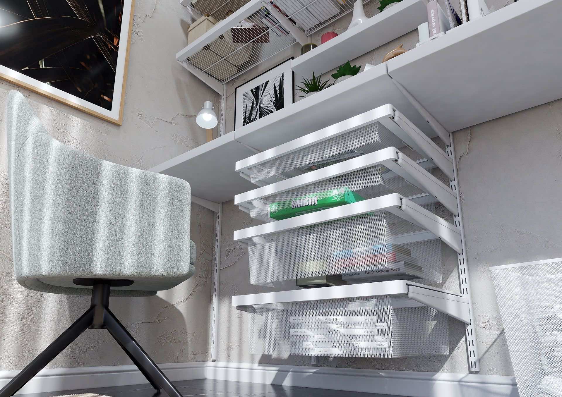 Домашний офис ARISTO «Белое дерево» — рабочее место со стеллажной системой