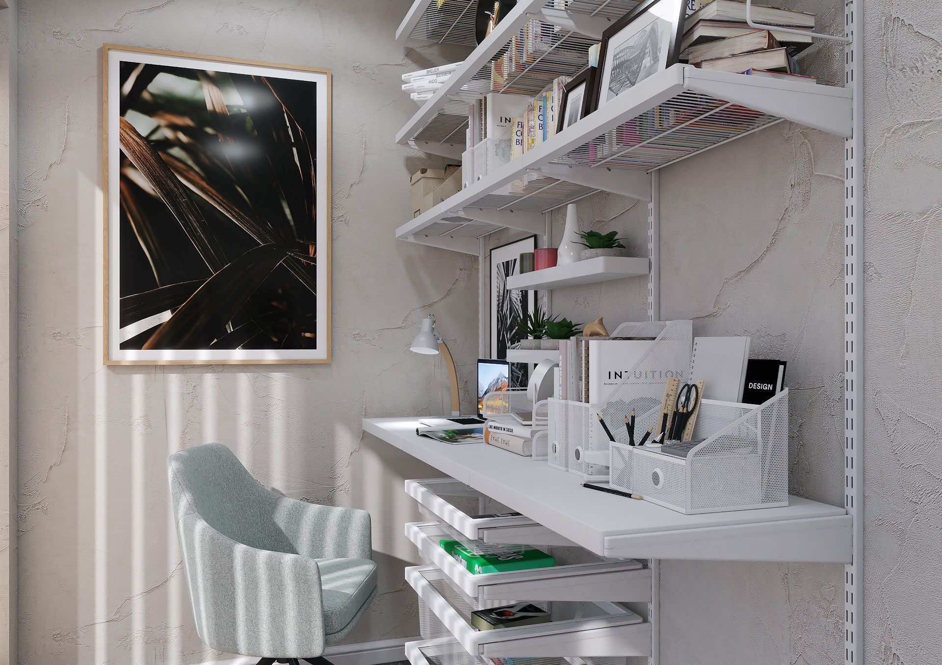 Домашний офис ARISTO «Белое дерево» — рабочее место со стеллажной системой