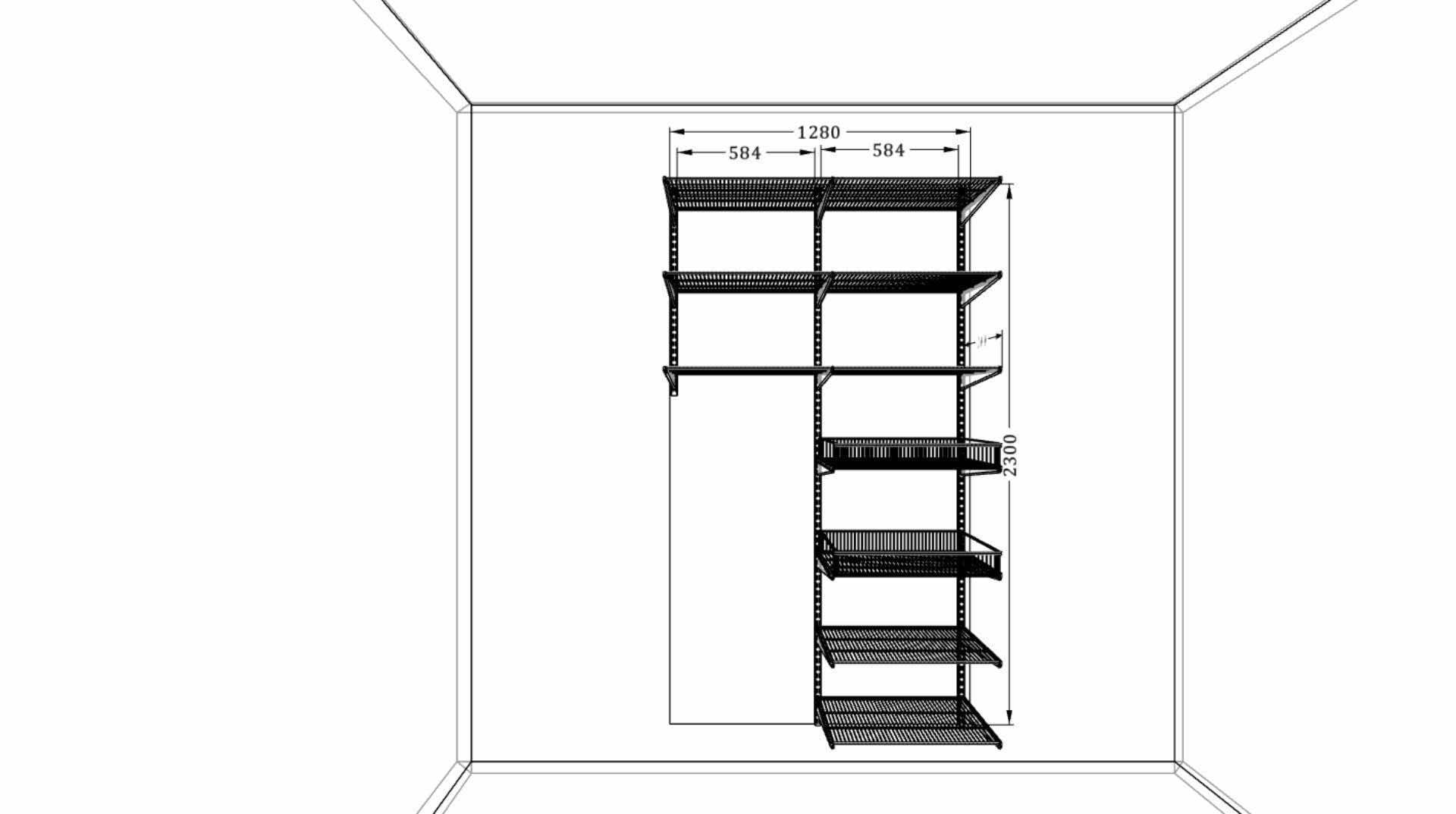Система хранения ARISTO 128×45×240 в нише — вентилируемые полки и корзины
