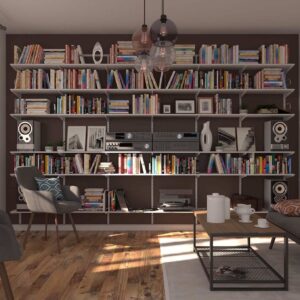 Стеллажная система для библиотеки и медиазоны во всю стену