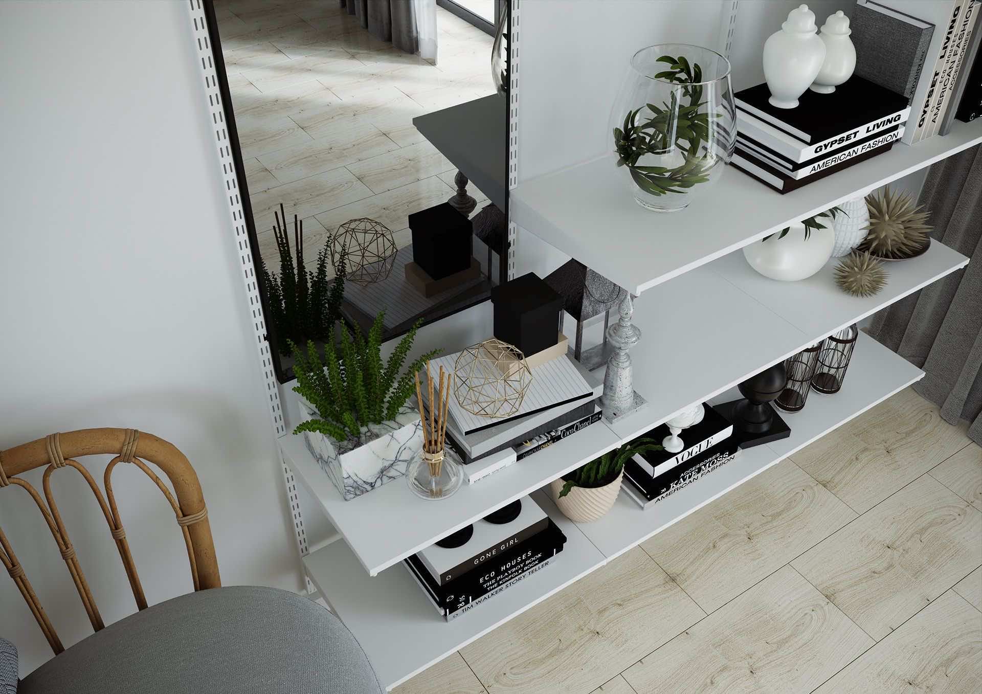 Настенное зеркало ARISTO с полками — узкая алюминиевая конструкция для прихожей и гостиной