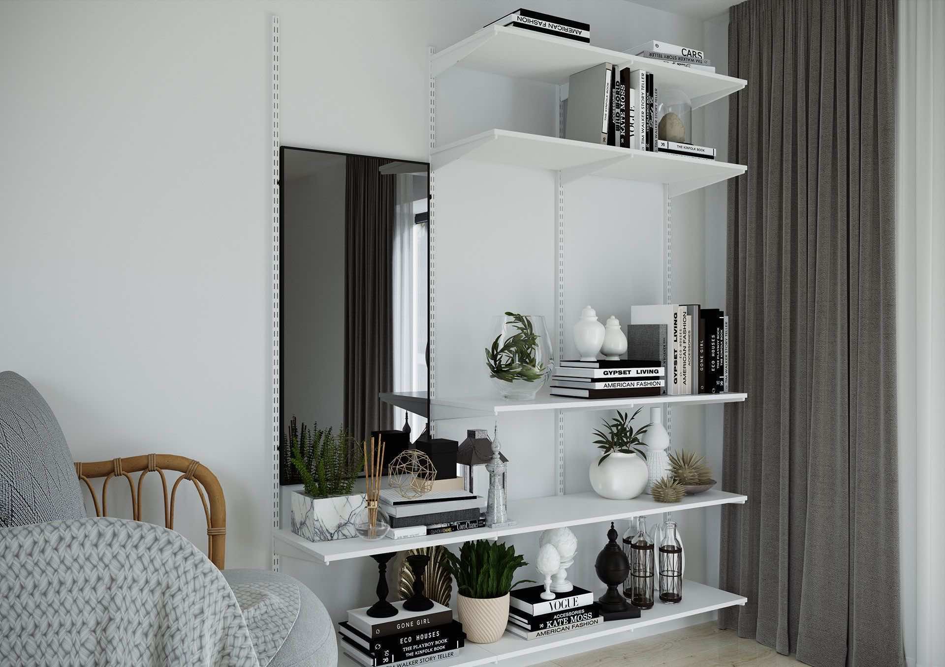 Настенное зеркало ARISTO с полками — узкая алюминиевая конструкция для прихожей и гостиной