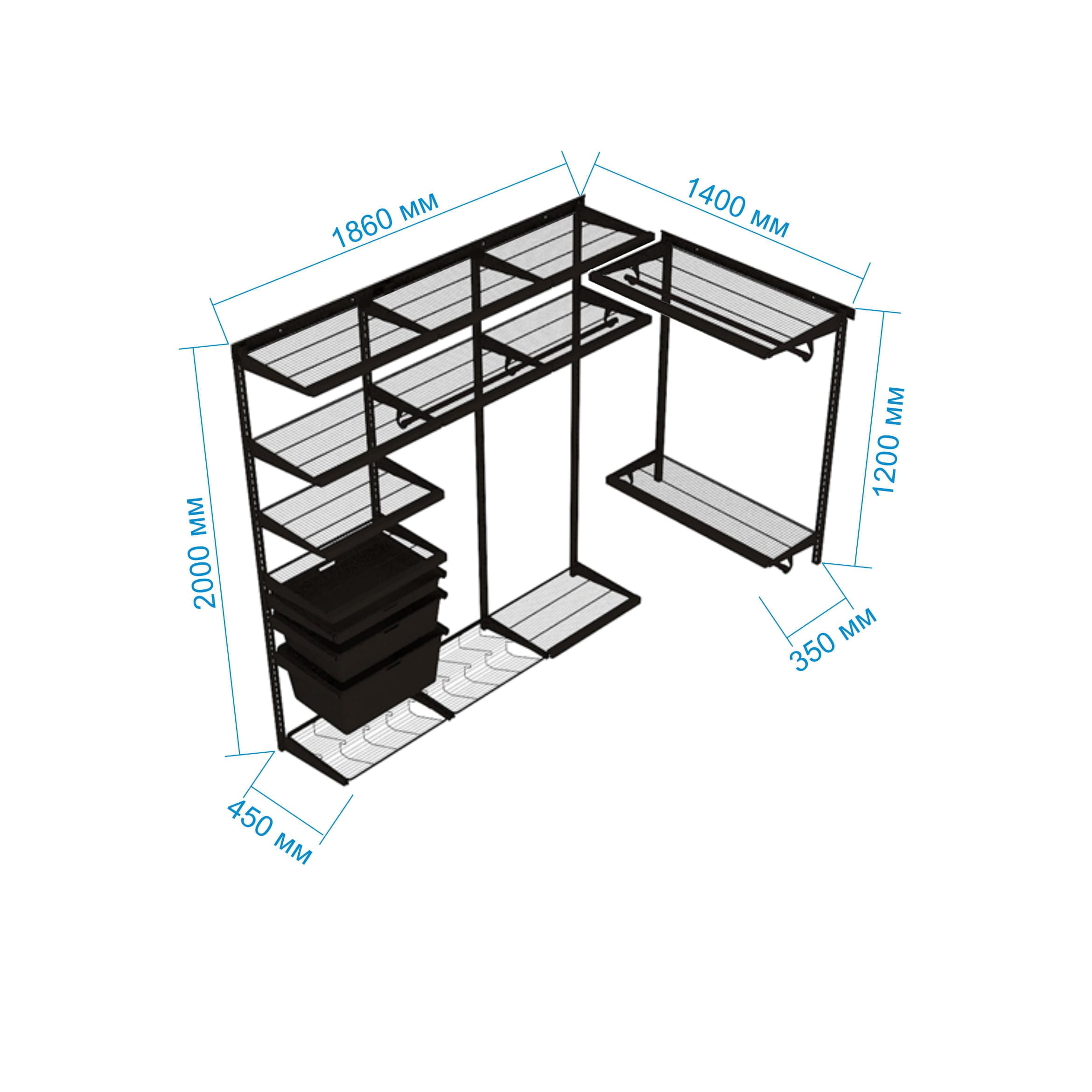 Гардеробная система №21 белая, угловая, из окрашенной стали 140×186×200 — готовое решение для прихожей