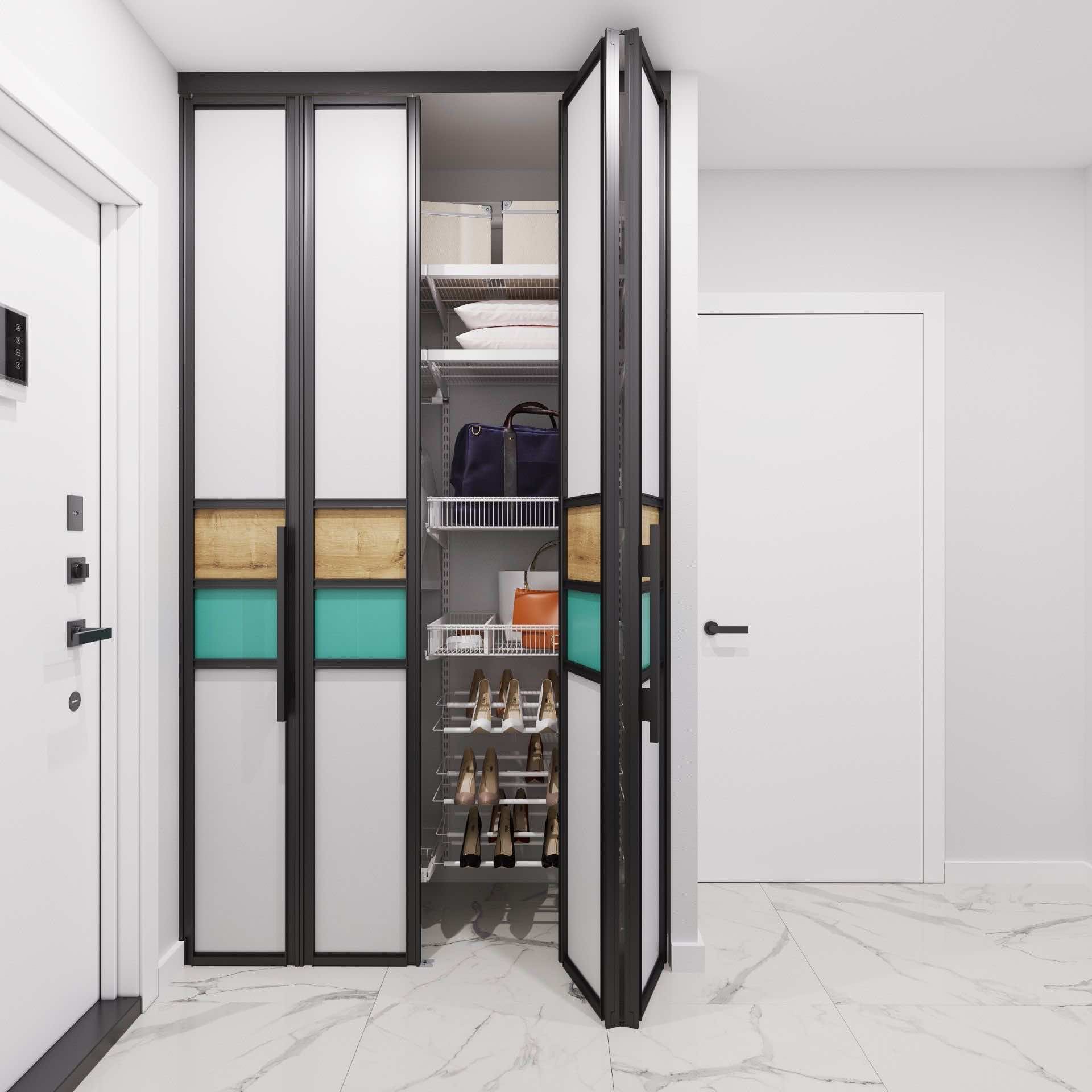 Гардеробная ARISTO со складными дверями — практичное решение для узких проходов и маленьких помещений