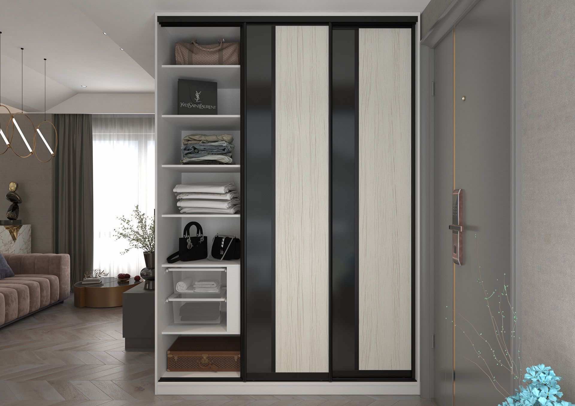 Гардероб «Древесный белый» — стильная система хранения с ЛДСП и сетчатыми корзинами