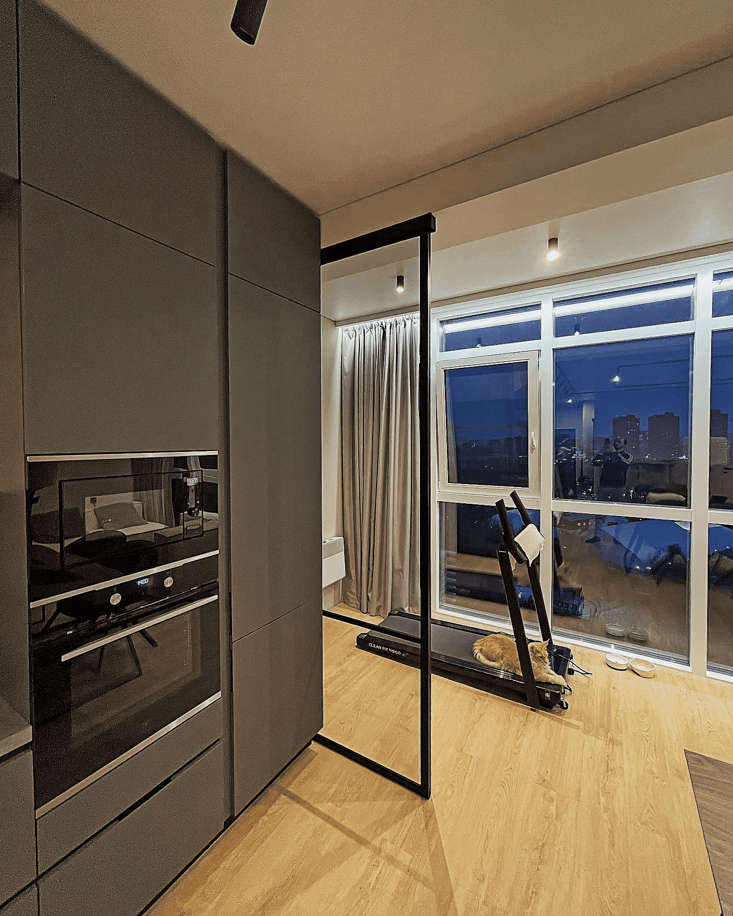 Стеклянные двери-купе в гардеробную с черным алюминиевым профилем