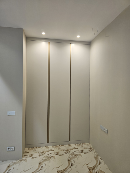 Корпусный шкаф Корпусный шкаф с распашными дверями в нише помещения, выполненный в спокойной нейтральной цветовой гамме. Фасады разделены вертикальными декоративными элементами, создающими ритм и визуальную стройность конструкции. Встроенная мебель аккуратно вписана между стенами, с точной подгонкой по размерам и продуманным расположением светильников для равномерного освещения зоны хранения.