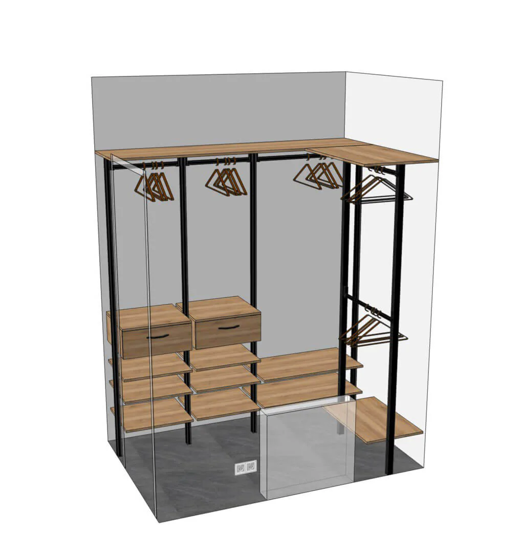 Открытая гардеробная система хранения из дерева и металла для организации пространства
