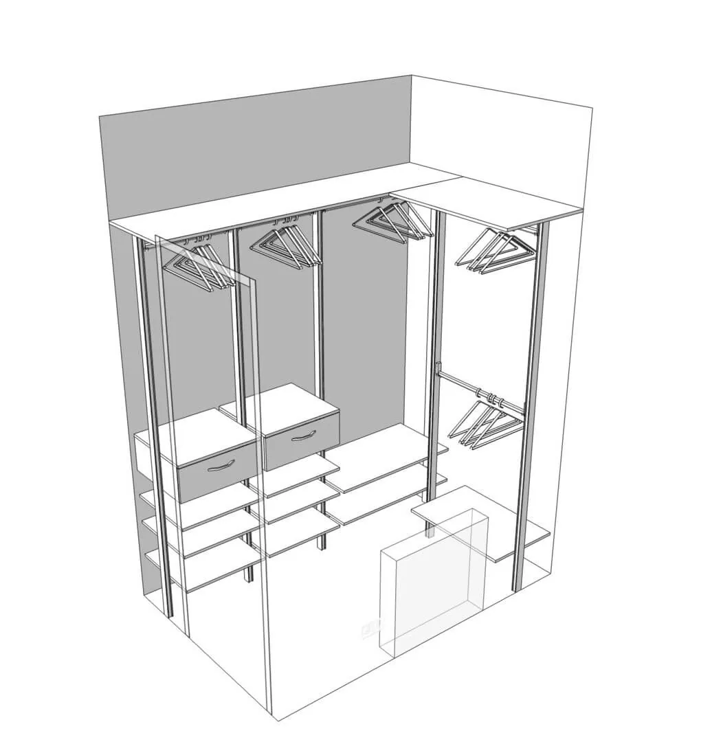 Открытая гардеробная система хранения из дерева и металла для организации пространства