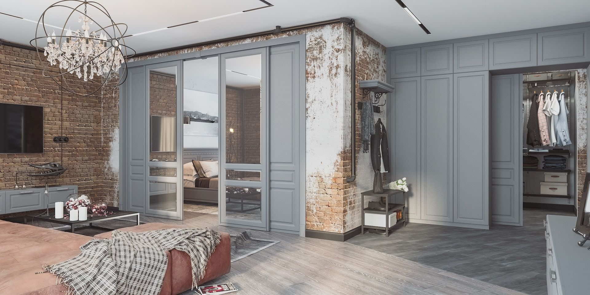 Подвесная дверь без нижней направляющей для функционального интерьера