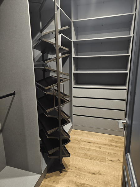 Функциональная гардеробная Функциональная гардеробная система с полками и выдвижными ящиками в сером текстиле