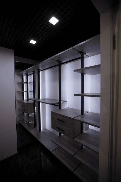 Открытая гардеробная система в индустриальном стиле с металлическими стойками, серыми полками под бетон, встроенными выдвижными ящиками и вертикальной LED-подсветкой, реализованная как функциональное пространство для хранения одежды и аксессуаров.
