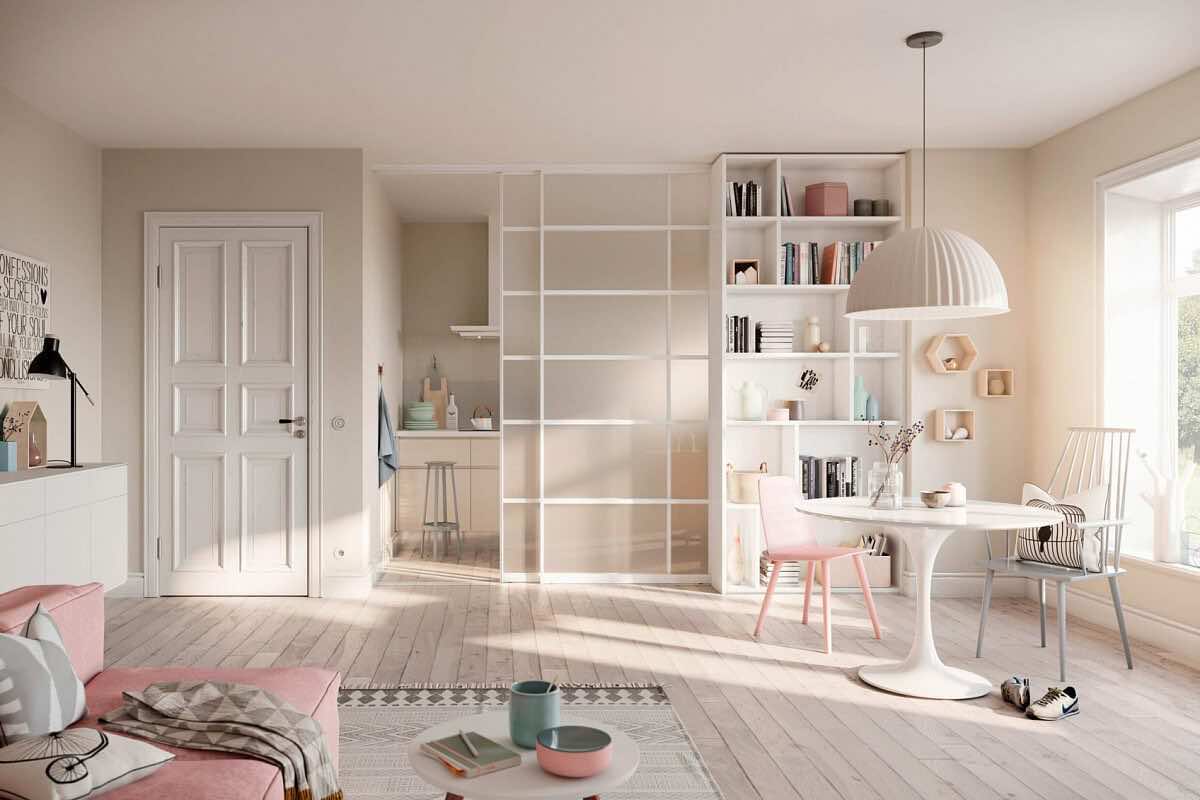 Раздвижная перегородка в нишу для стильного зонирования интерьера