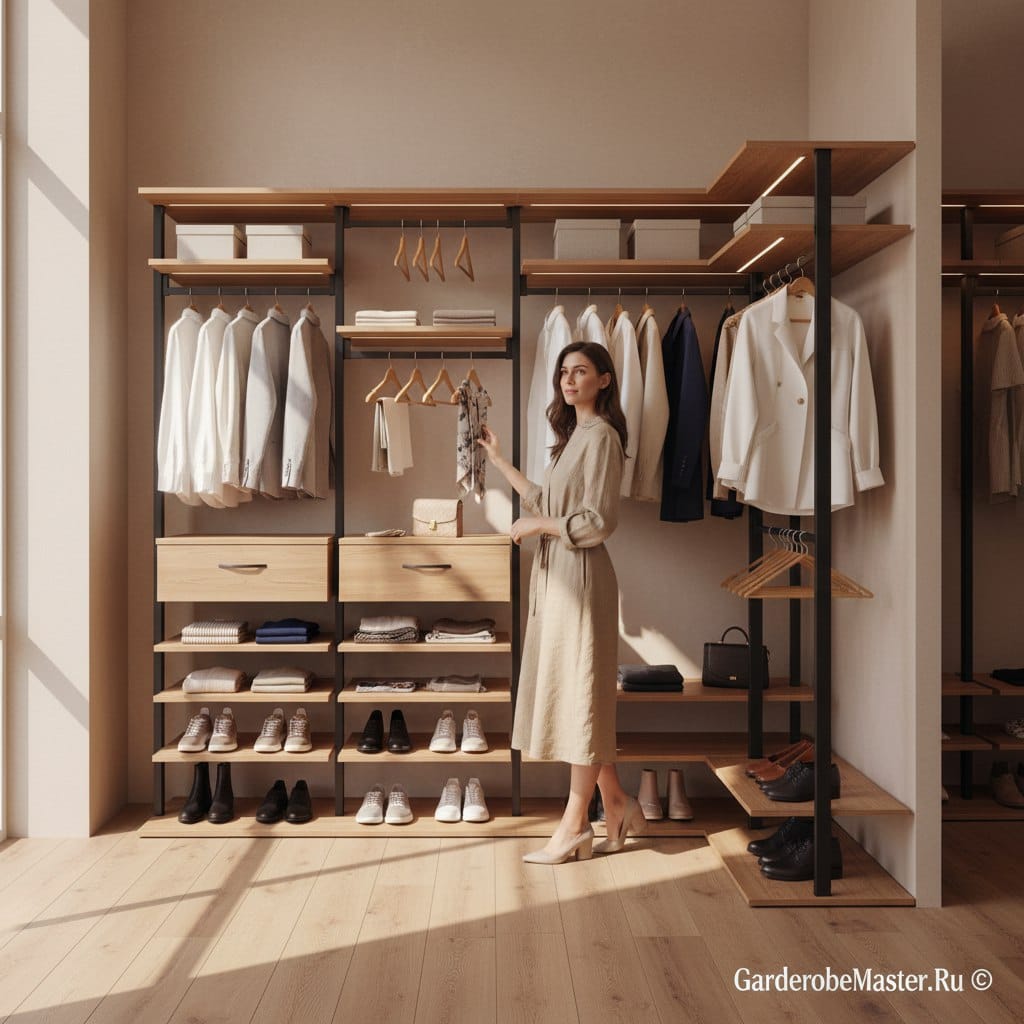 Открытая гардеробная система хранения из дерева и металла для организации пространства
