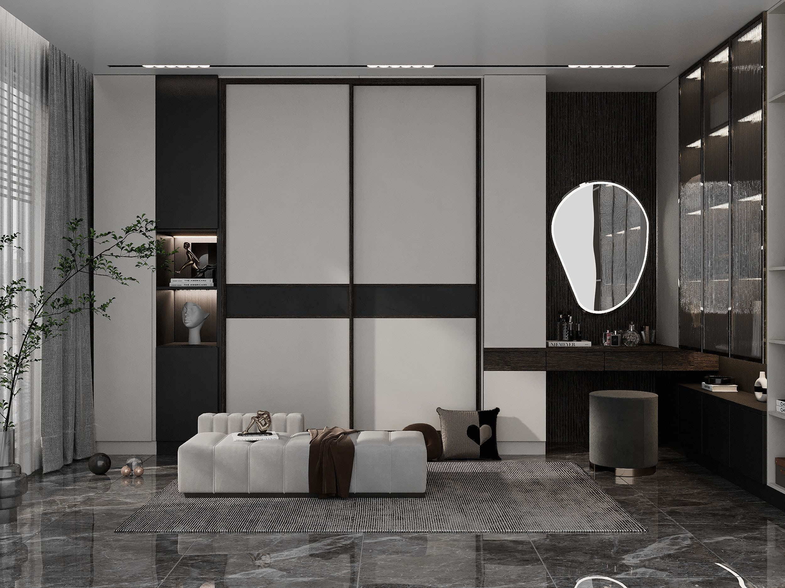 Гардеробная в спальне с дверями-купе в цвете дуб неаполь для организации пространства