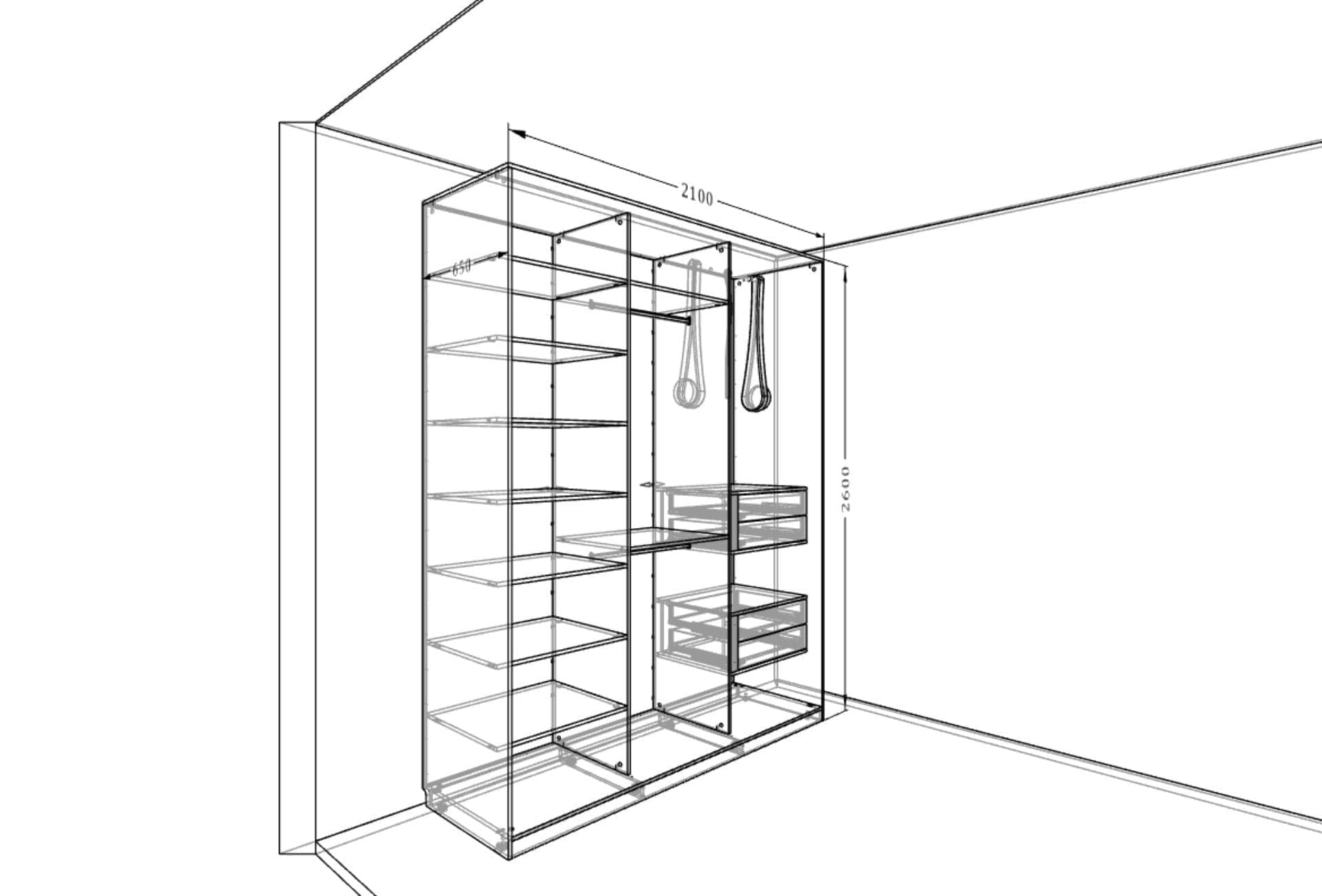Шкаф-купе «Ванильный кашемир» для спальни с выдвижными ящиками и полками