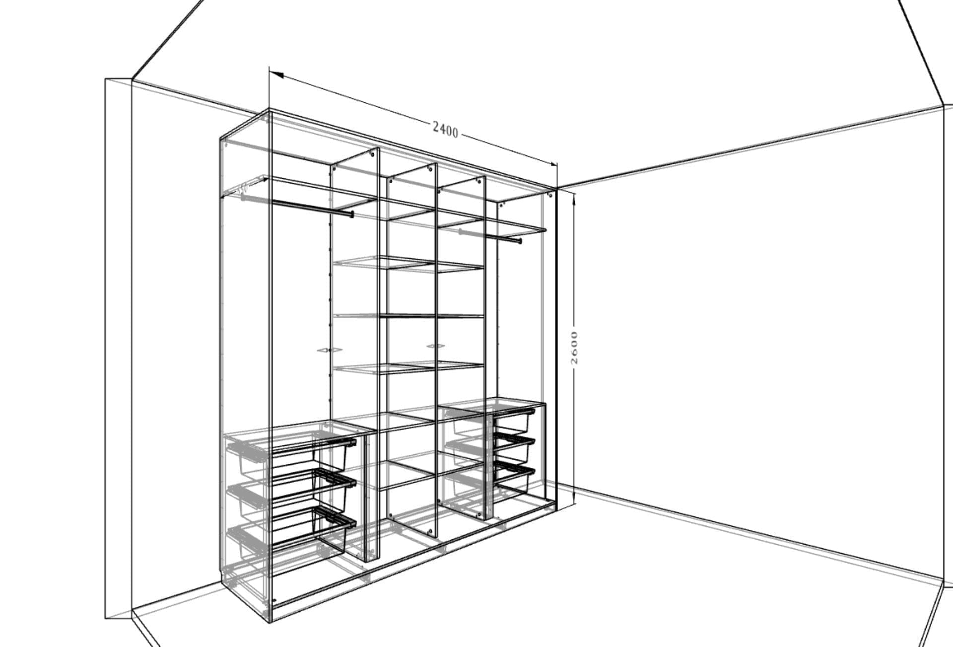 Шкаф-купе зеркальный для гостиниц с раздвижными дверями и индивидуальным наполнением