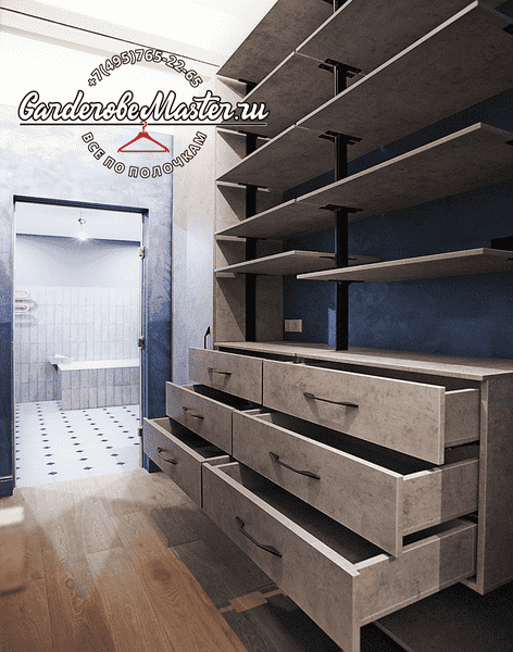 Гардеробная система с комодами на 4 ящика, верхними полками и металлическим каркасом