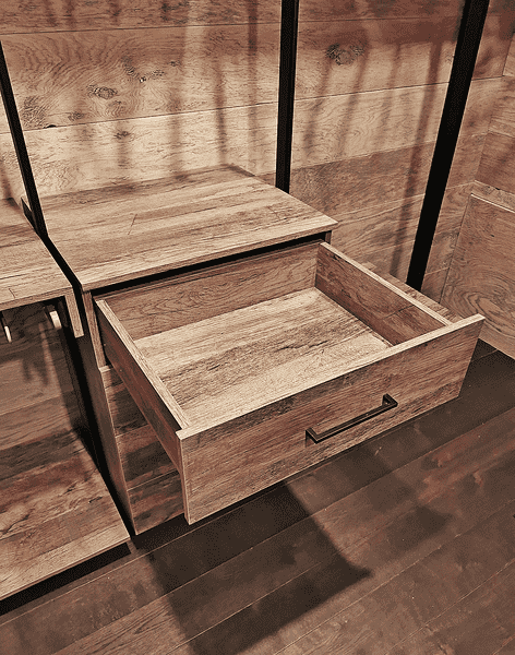 Выдвижной ящик гардеробной системы с увеличенной глубиной, выполненный из ЛДСП под дерево, с металлическими направляющими полного выдвижения