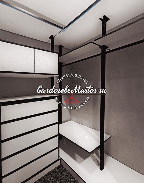 Фрагмент гардеробной Фрагмент гардеробной с акцентом на угловую секцию хранения, чёрные стойки, белые полки и выдвижные элементы, подчёркнутая архитектурность конструкции
