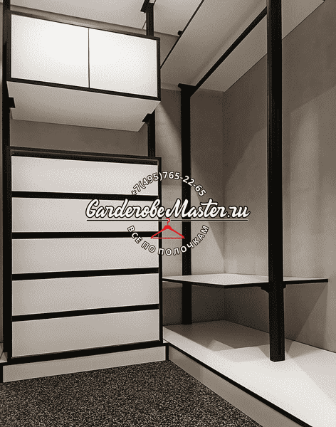 Деталь гардеробной Деталь гардеробной системы с выдвижными ящиками и верхними шкафами, чёткие линии, контраст белых поверхностей и чёрного металла, минималистичный стиль
