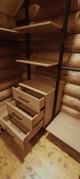 Гардеробная Гардеробная на заказ с выдвижными ящиками и открытыми полками, выполненная в натуральных оттенках дерева. Система хранения рассчитана на повседневное и сезонное размещение одежды.