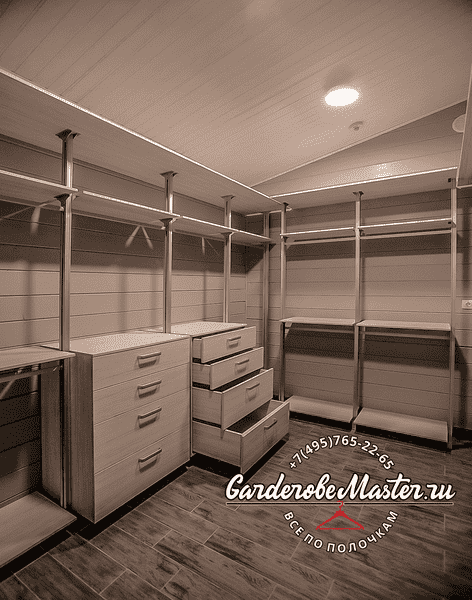 Гардеробная система Гардеробная система с ящиками и металлическим каркасом. Современное решение хранения в гардеробной комнате.
